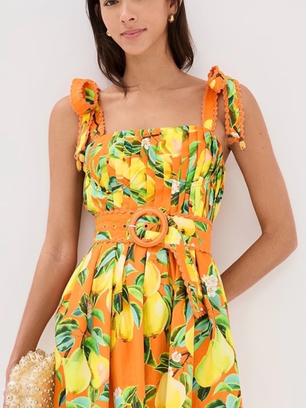FARM Rio Orange Lemon-Print Tie-Shoulder Sundress with Belt